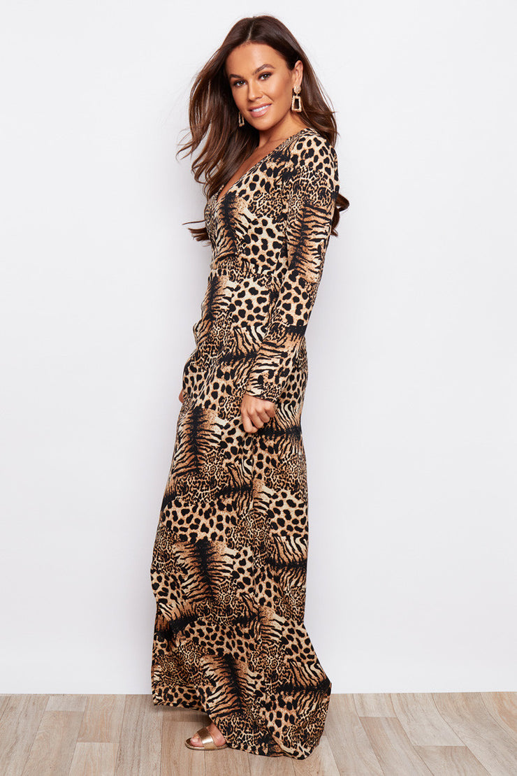 Fifi Animal Print V Neck Wrap Style Maxi Dress