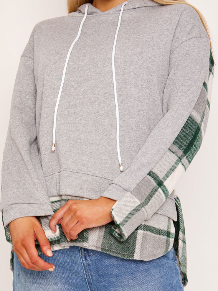 Polly Grey and Green Check Tartan Contrast Hoodie
